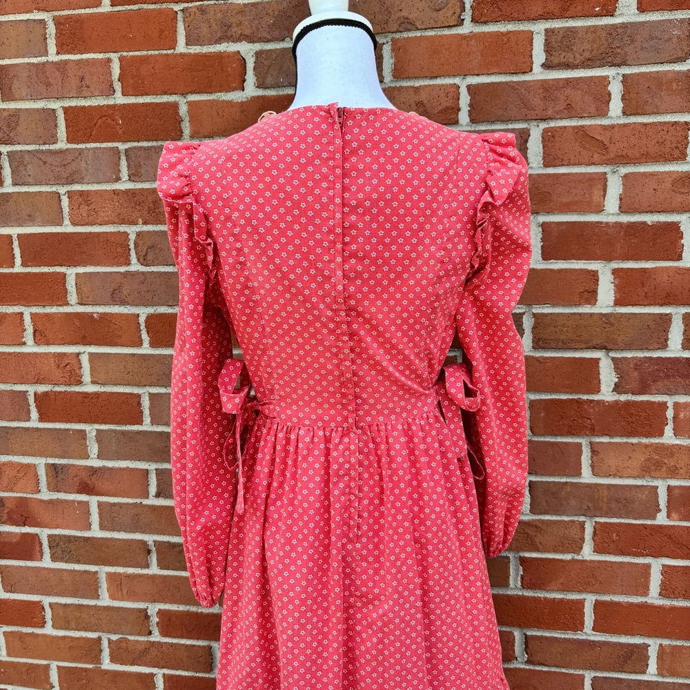 Vintage Candi Jones California Red Floral Print Long Sleeve Dress Ruffles Lace - Picture 8 of 9